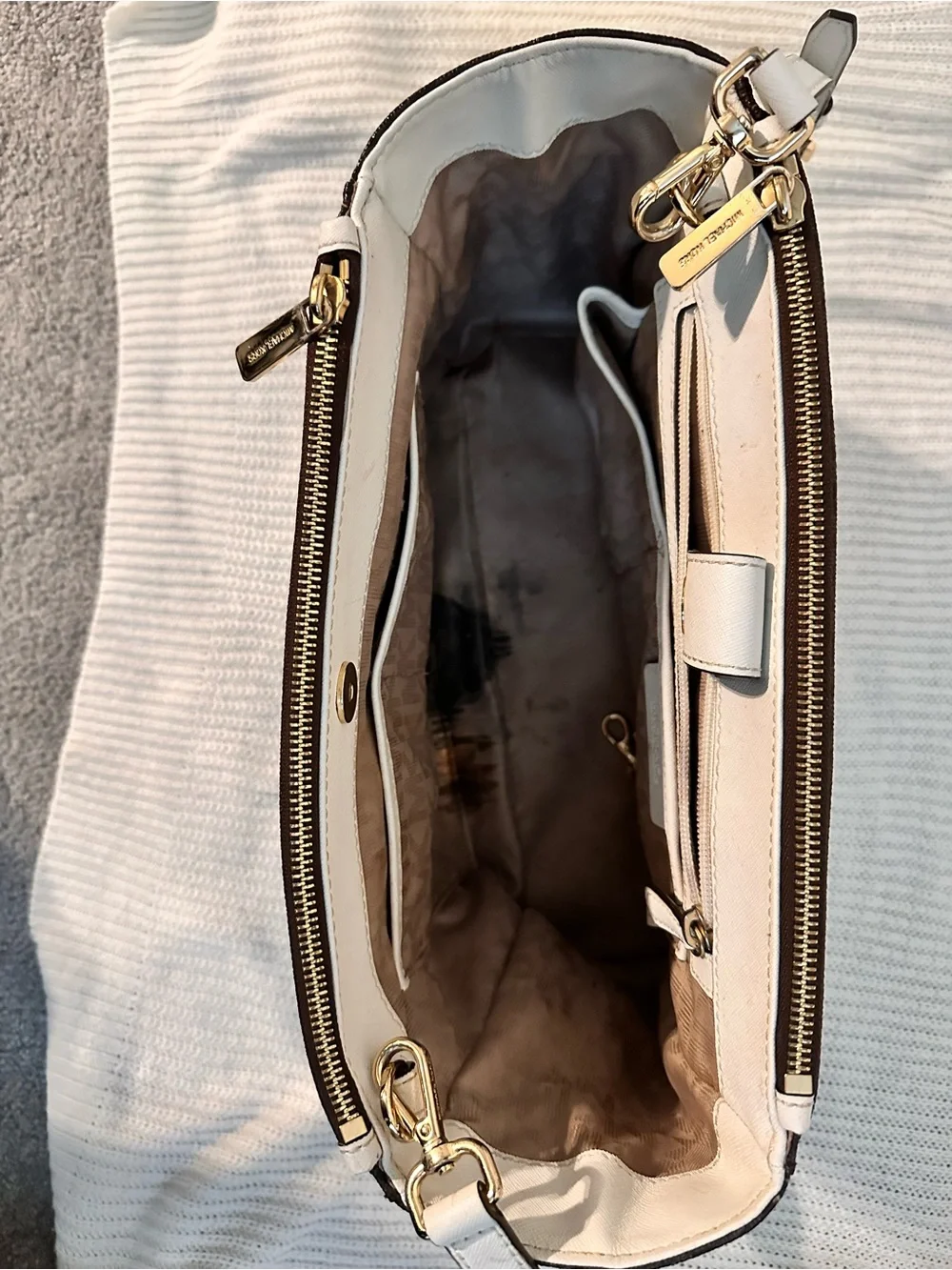 Michael Kors Brown and White MK Logo Satchel with Gold Hardware